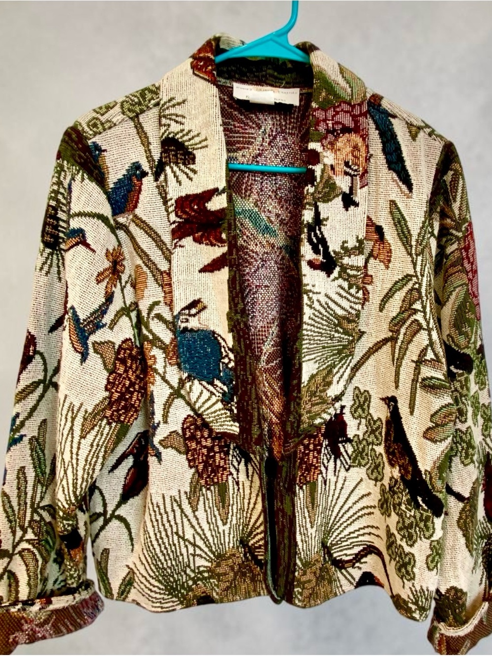 Woven Tapestry Botanical Bird Open-Front Jacket - Multicolor